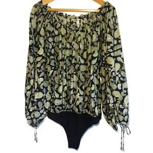 Free People long sleeve sheer off shoulder bodysuit black paisley whimsical L